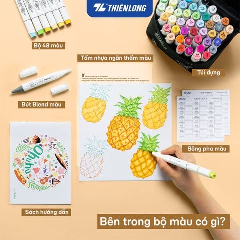 Bộ 48 màu bút marker gốc cồn Ohuhu Honolulu B hai đầu Brush Fine AM-C010 - Tặng kèm Túi Đựng