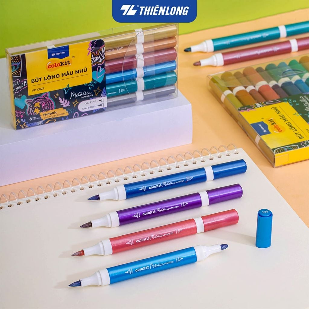 Bút lông 6/12 màu nhũ Fiber Pen Metallic Thiên Long Colokit - Màu nhũ lấp lánh, vẽ được trên giấy đen