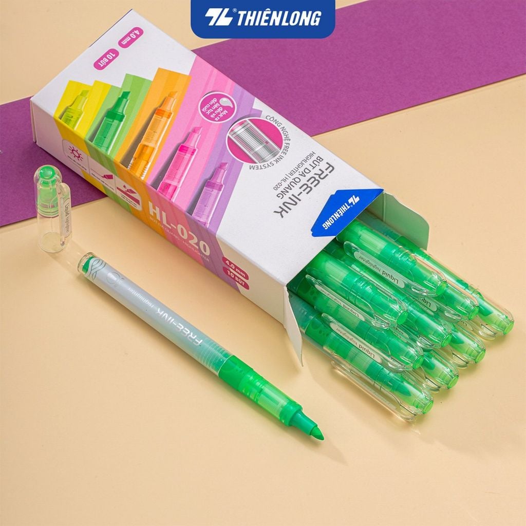Bút dạ quang Thiên Long HL-020 - Công nghệ Free-ink system mực ra đều liên tục