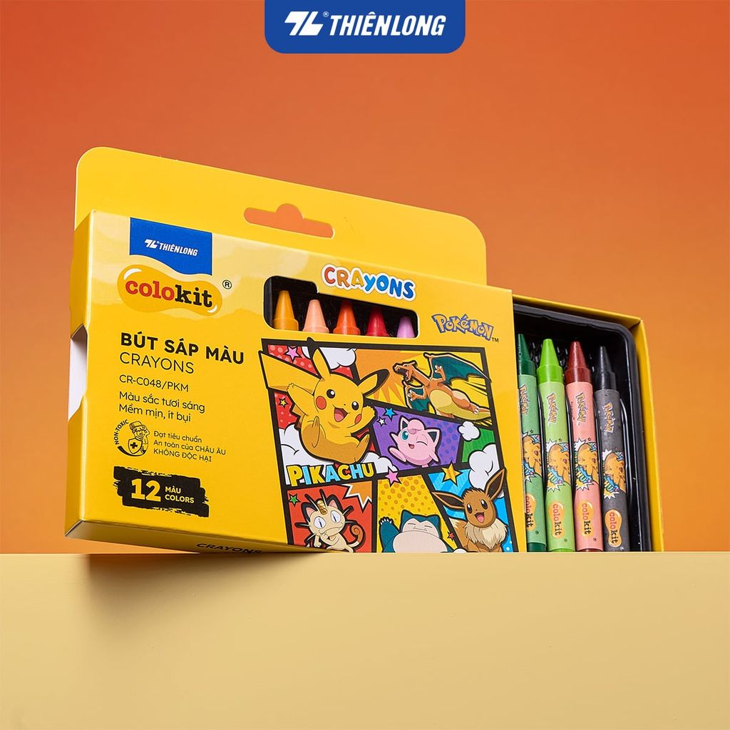 Bút sáp 12/18/24 màu Thiên Long Colokit Pokémon – Màu sắc rực rỡ, an toàn cho bé