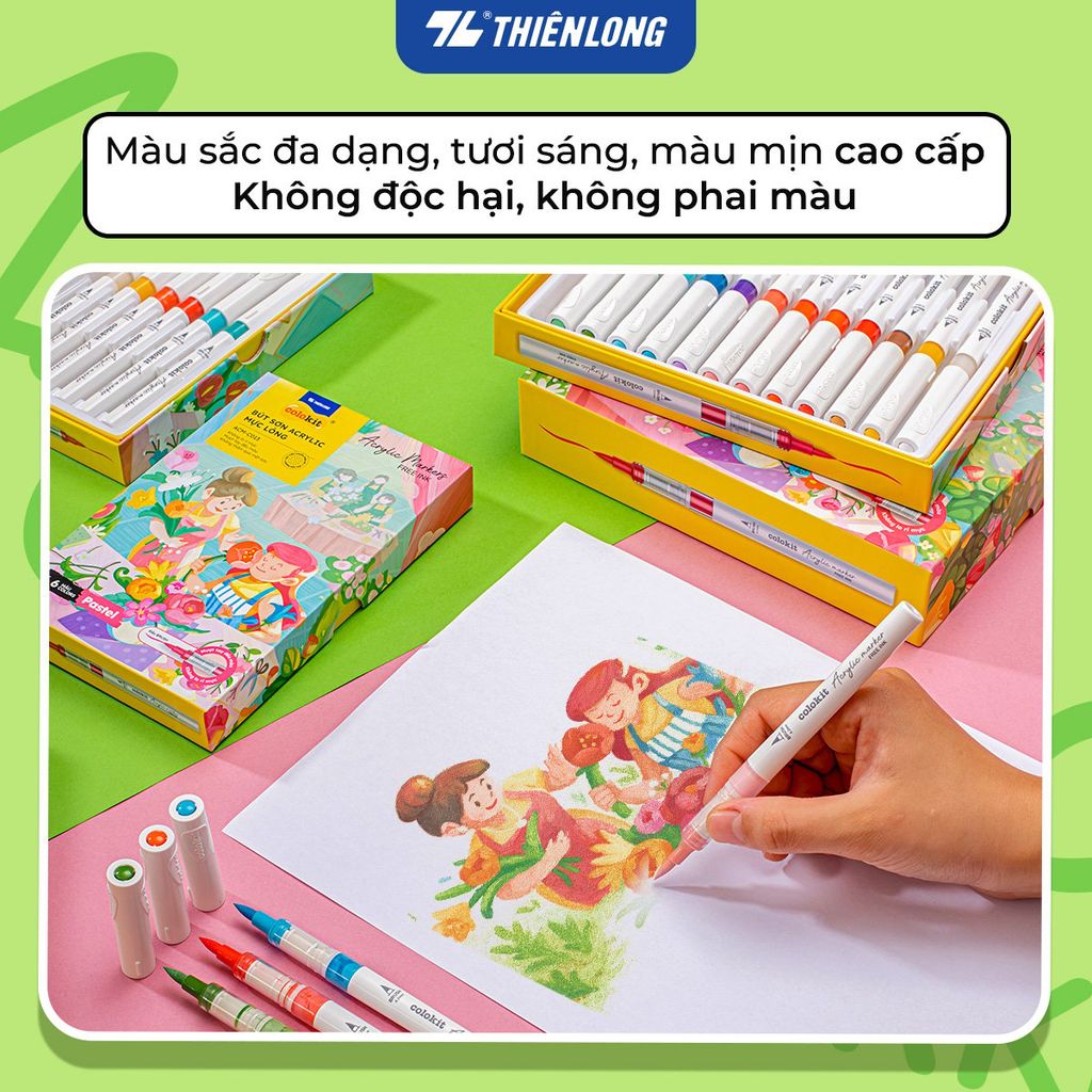 Pastel Acrylic Markers Bút sơn/ Bút lông 6/12/24 màu ThiênLong Colokit - Màu sắc tươi sáng, Mượt tay đều màu