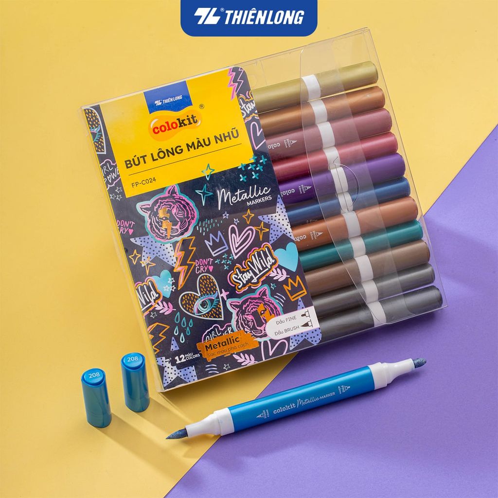 Bút lông 6/12 màu nhũ Fiber Pen Metallic Thiên Long Colokit - Màu nhũ lấp lánh, vẽ được trên giấy đen