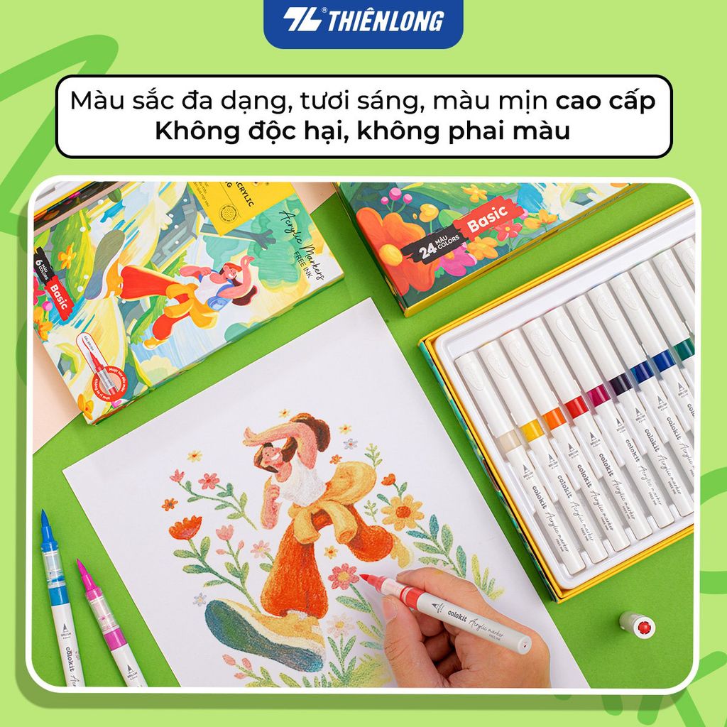 Acrylic Markers Bút sơn/ Bút lông 6/12/24 màu ThiênLong Colokit - Màu sắc tươi sáng, Mượt tay đều màu