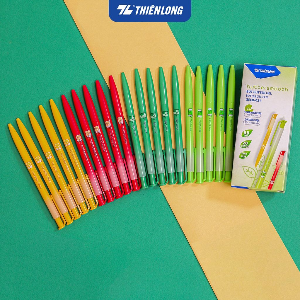 Combo 5/10/20 Bút gel B - Buttersmooth Gel Thiên Long GELB-031 - Premium Tip viết êm, trơn - Mực Xanh - Phiên bản Trà - Thân ngẫu nhiên