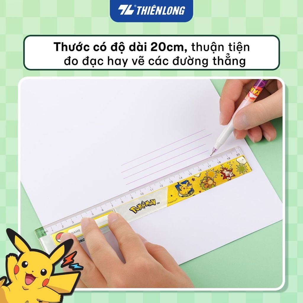 Thước kẻ nhựa trong Thiên Long Pokémon 20cm – Phiên Bản Pikachu Dễ Thương