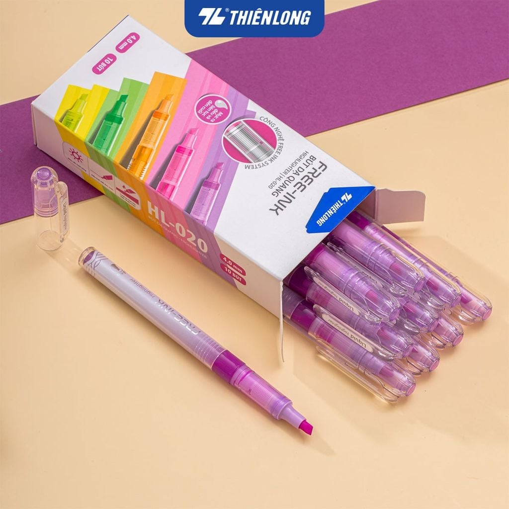 Bút dạ quang Thiên Long HL-020 - Công nghệ Free-ink system mực ra đều liên tục