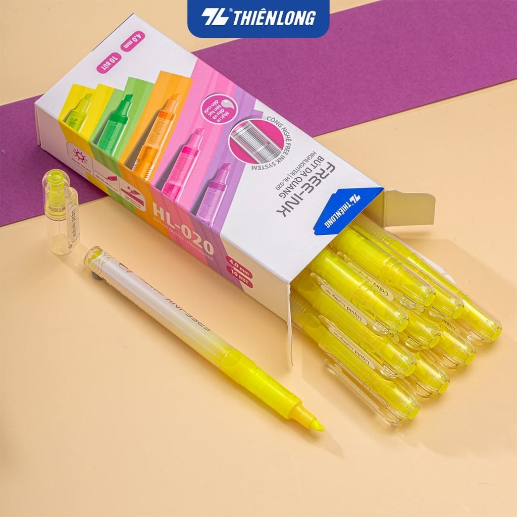 Bút dạ quang Thiên Long HL-020 - Công nghệ Free-ink system mực ra đều liên tục