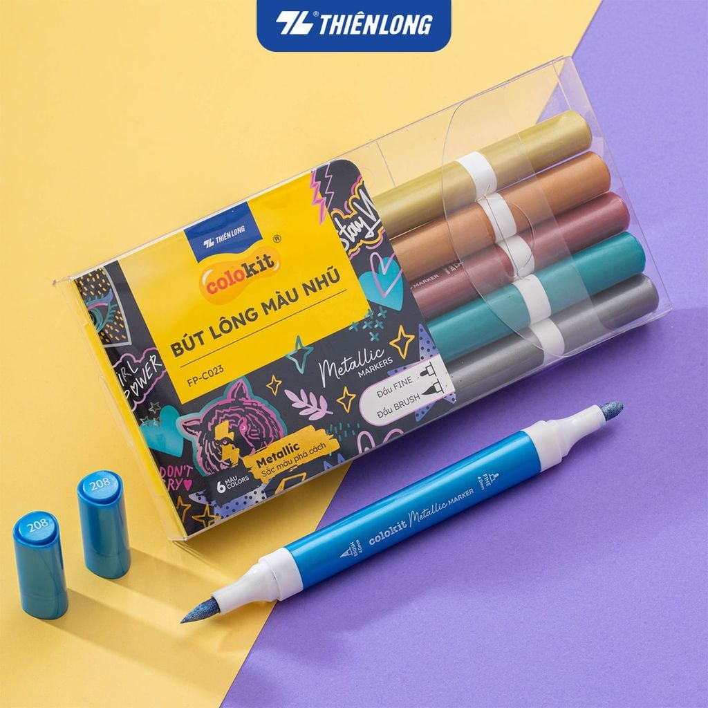 Bút lông 6/12 màu nhũ Fiber Pen Metallic Thiên Long Colokit - Màu nhũ lấp lánh, vẽ được trên giấy đen