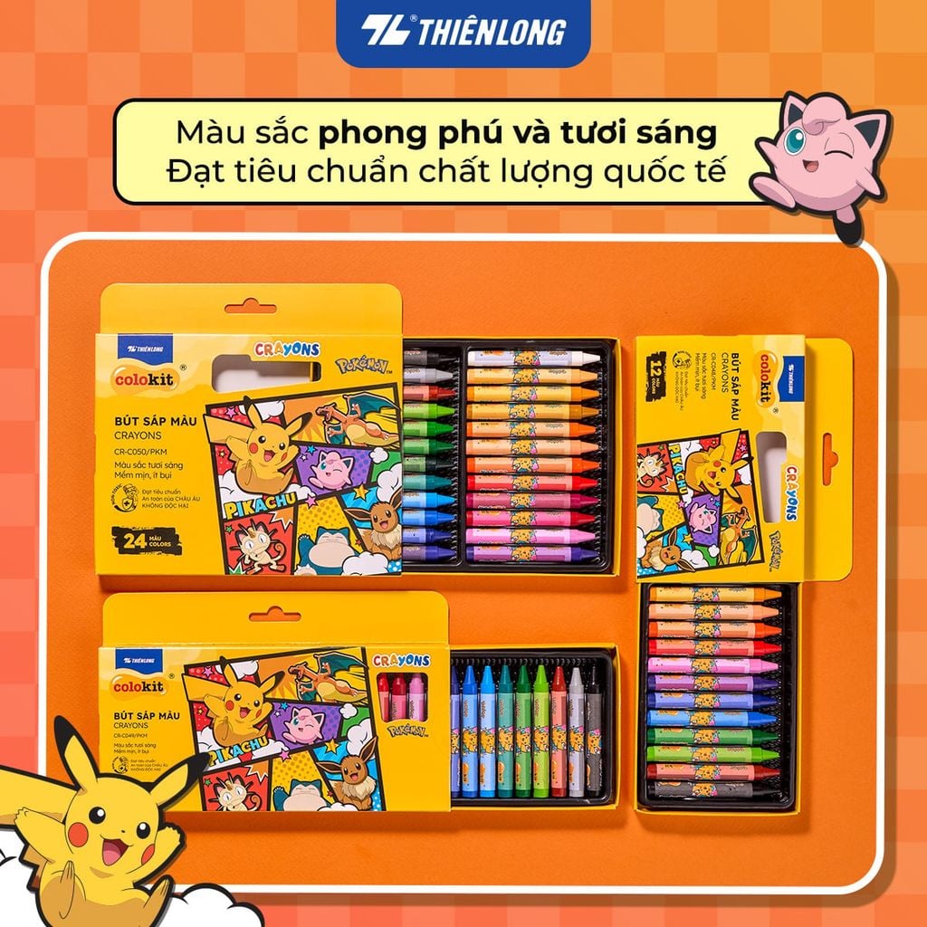 Bút sáp 12/18/24 màu Thiên Long Colokit Pokémon – Màu sắc rực rỡ, an toàn cho bé