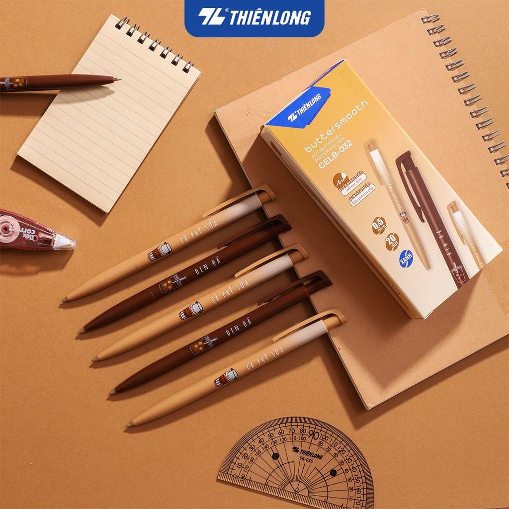 Combo 5/10/20 Bút gel B - Buttersmooth Gel Thiên Long GELB-032 - Premium Tip viết êm, trơn - Mực Xanh - Phiên bản Cà phê - Thân ngẫu nhiên
