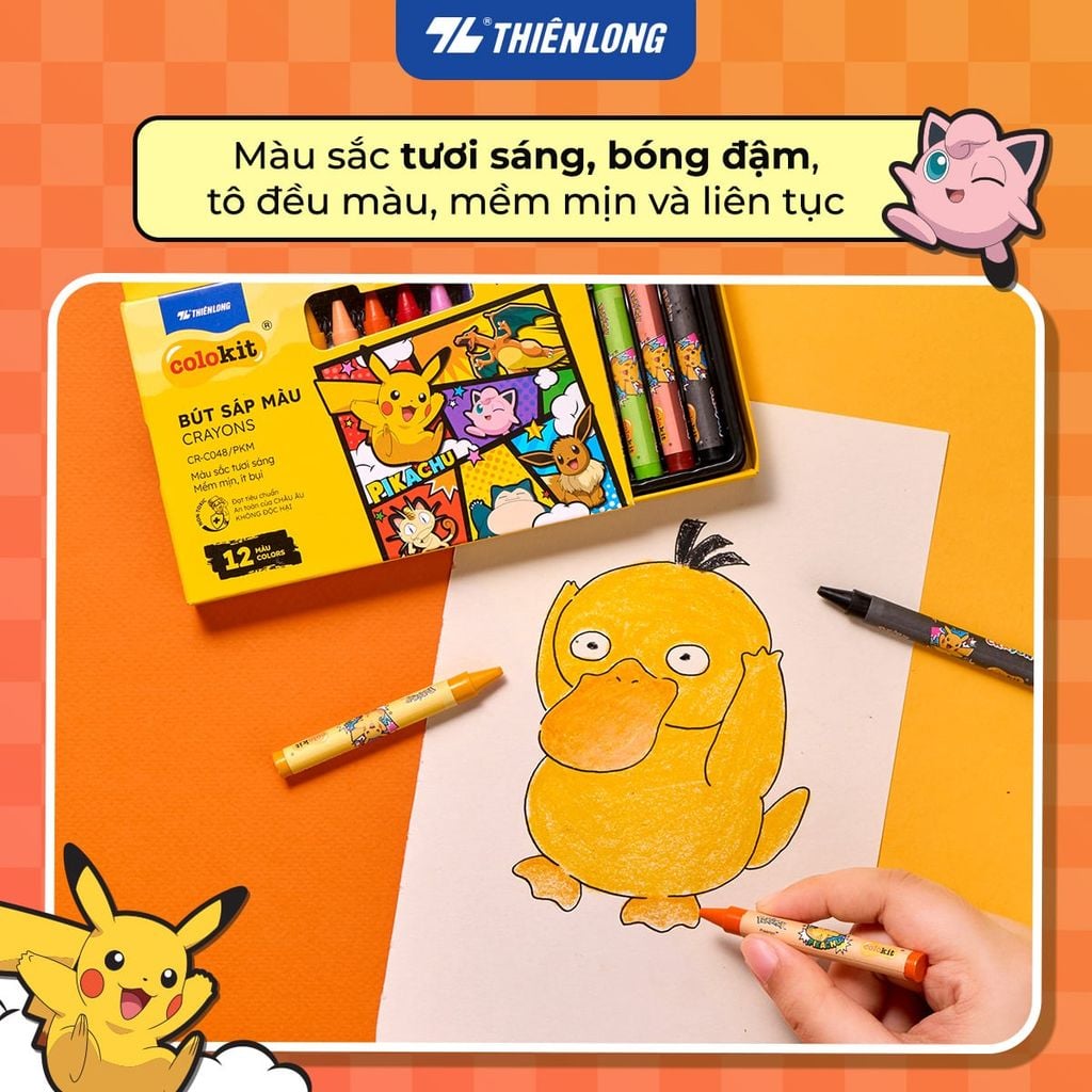 Bút sáp 12/18/24 màu Thiên Long Colokit Pokémon – Màu sắc rực rỡ, an toàn cho bé