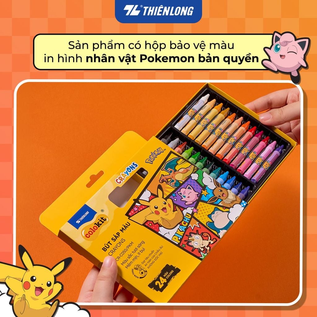 Bút sáp 12/18/24 màu Thiên Long Colokit Pokémon – Màu sắc rực rỡ, an toàn cho bé