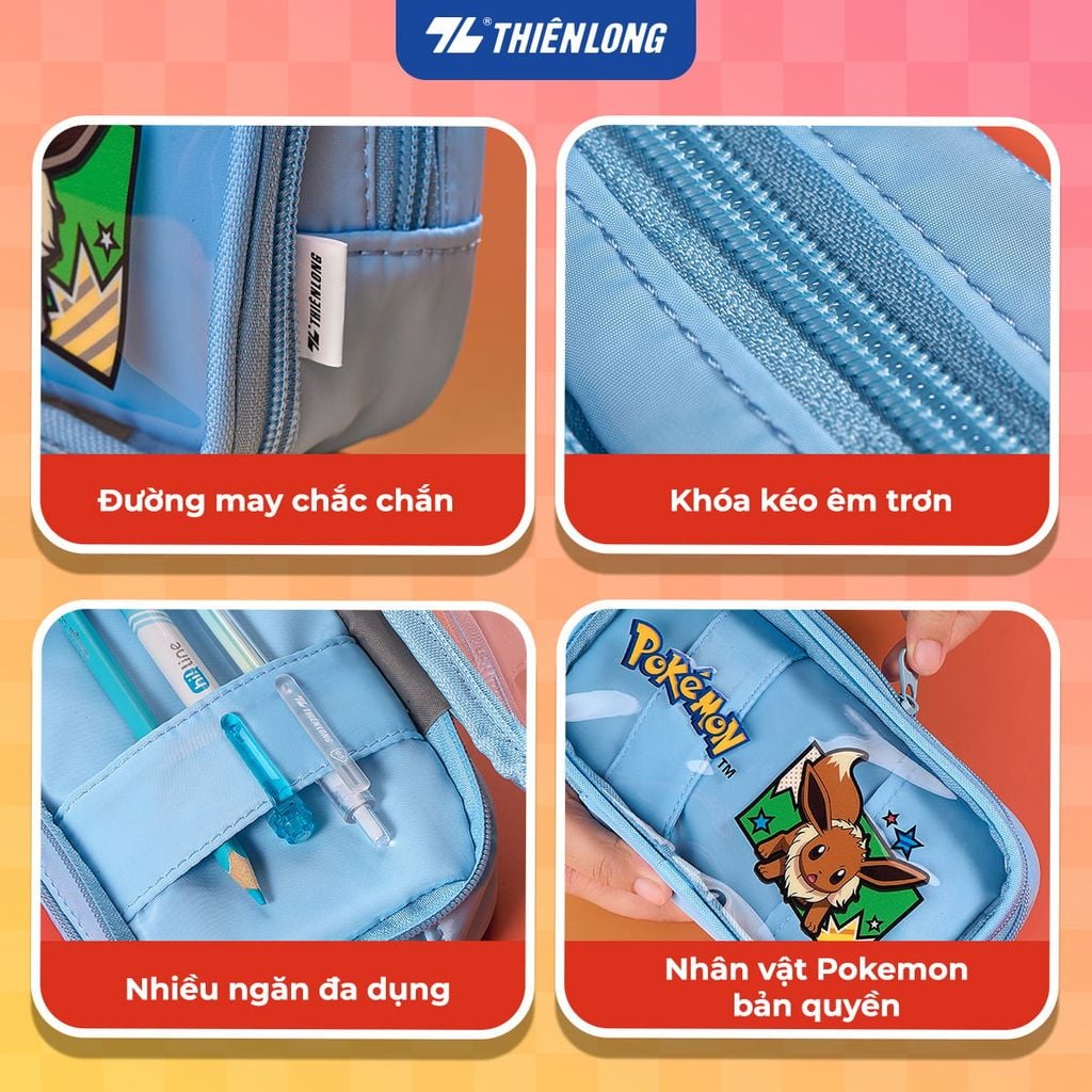 Túi - Bóp đựng bút viết Thiên Long Pokémon Premium PCA-024/PKM – Hộp Bút Dây Kéo Hình Pikachu & Eevee