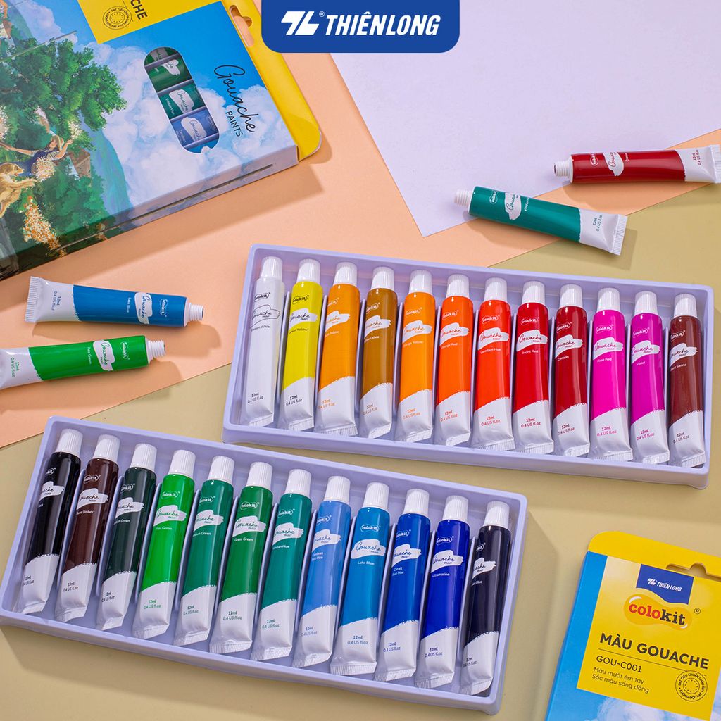Bộ 12/18/24 màu Gouache dạng tuýp 12ml Thiên Long Colokit