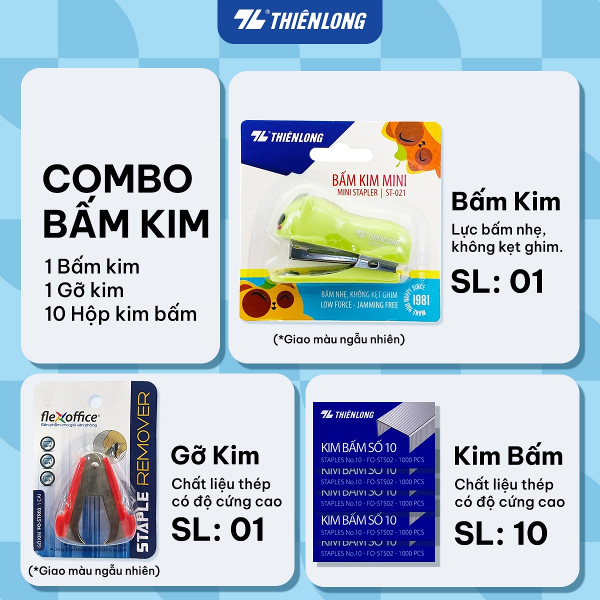 Combo bấm kim, kim bấm mini/số 3/số 10, gỡ kim Thiên Long
