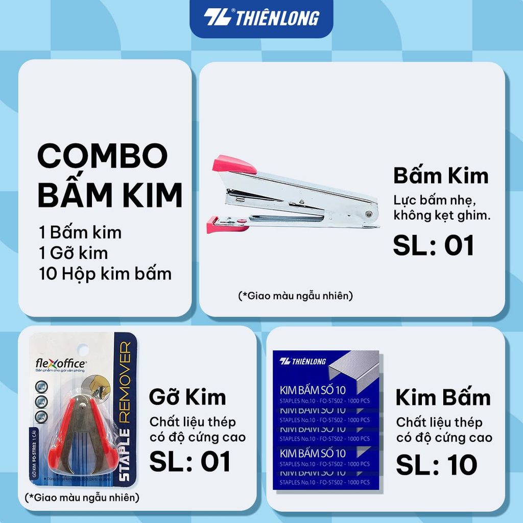 Combo bấm kim, kim bấm mini/số 3/số 10, gỡ kim Thiên Long