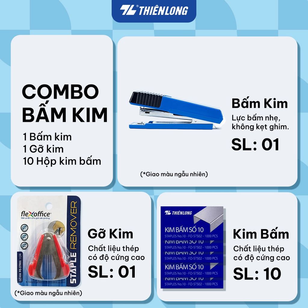 Combo bấm kim, kim bấm mini/số 3/số 10, gỡ kim Thiên Long
