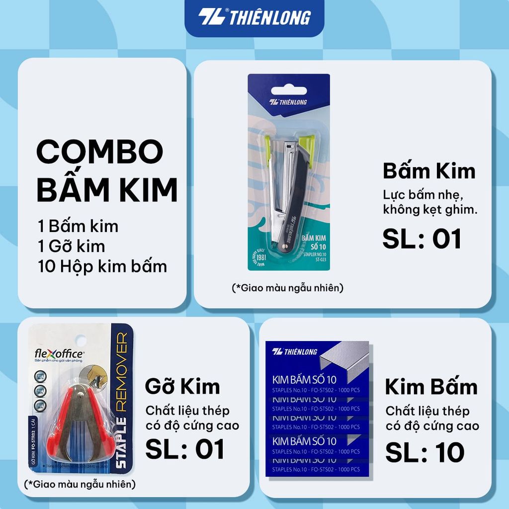 Combo bấm kim, kim bấm mini/số 3/số 10, gỡ kim Thiên Long
