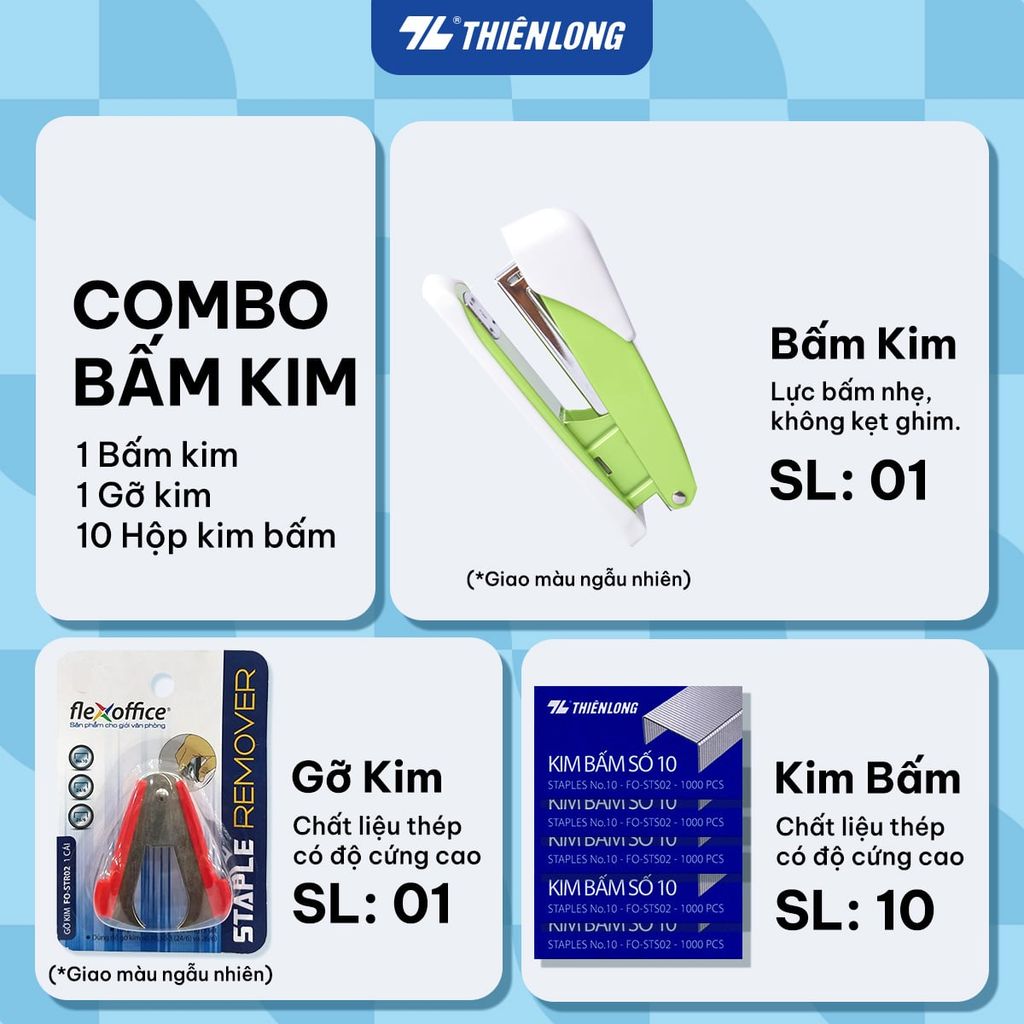 Combo bấm kim, kim bấm mini/số 3/số 10, gỡ kim Thiên Long