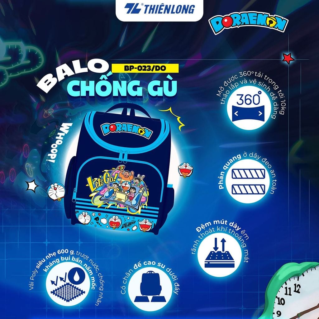 Cặp - Balo chống gù Thiên Long Doraemon BP-023/DO – Siêu nhẹ, bảo vệ cột sống cho bé
