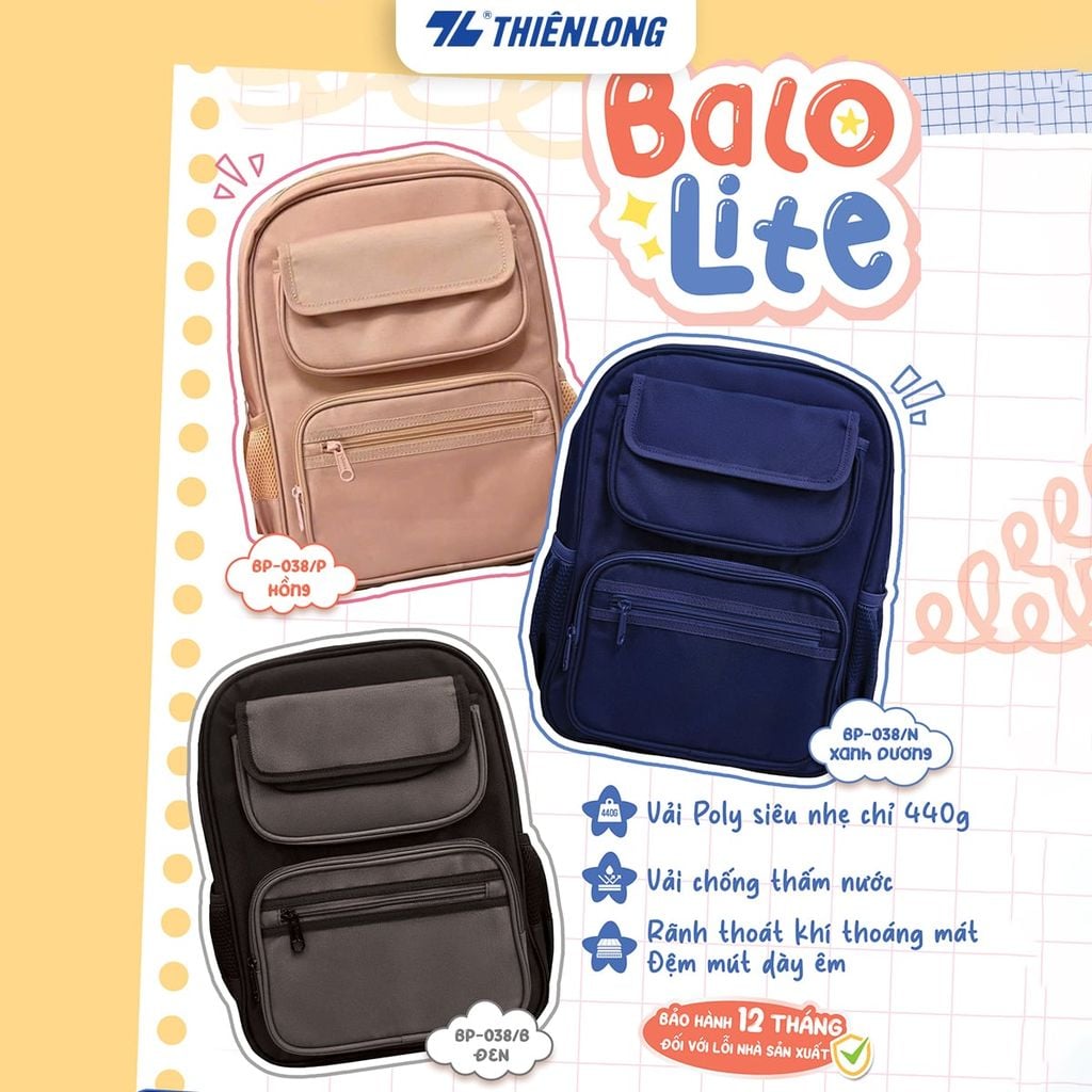 Cặp - Balo học sinh Thiên Long Lite BP-038 – Siêu nhẹ 440g, chống thấm nước
