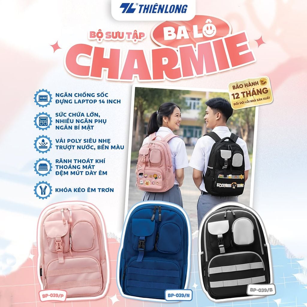Cặp - Balo học sinh Thiên Long Charmie BP-039 – Siêu nhẹ, chống sốc laptop 14 inch