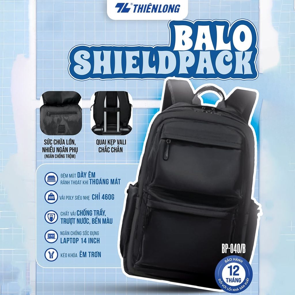 Cặp - Balo Thiên Long ShieldPack BP-040 – Chống trộm, siêu nhẹ 460g, chống sốc laptop 14 inch