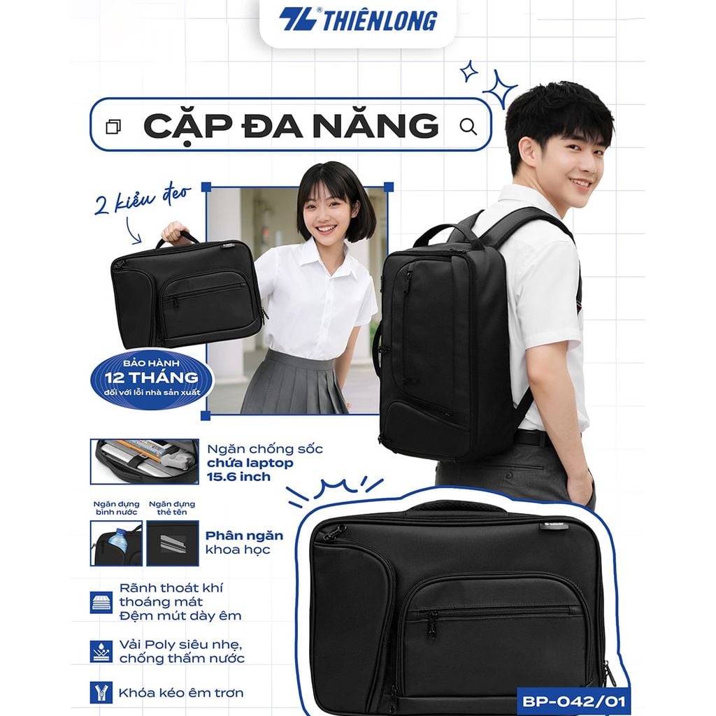Cặp - Balo đa năng Thiên Long BP-042/01 – 2 kiểu đeo, chống sốc laptop 15.6 inch