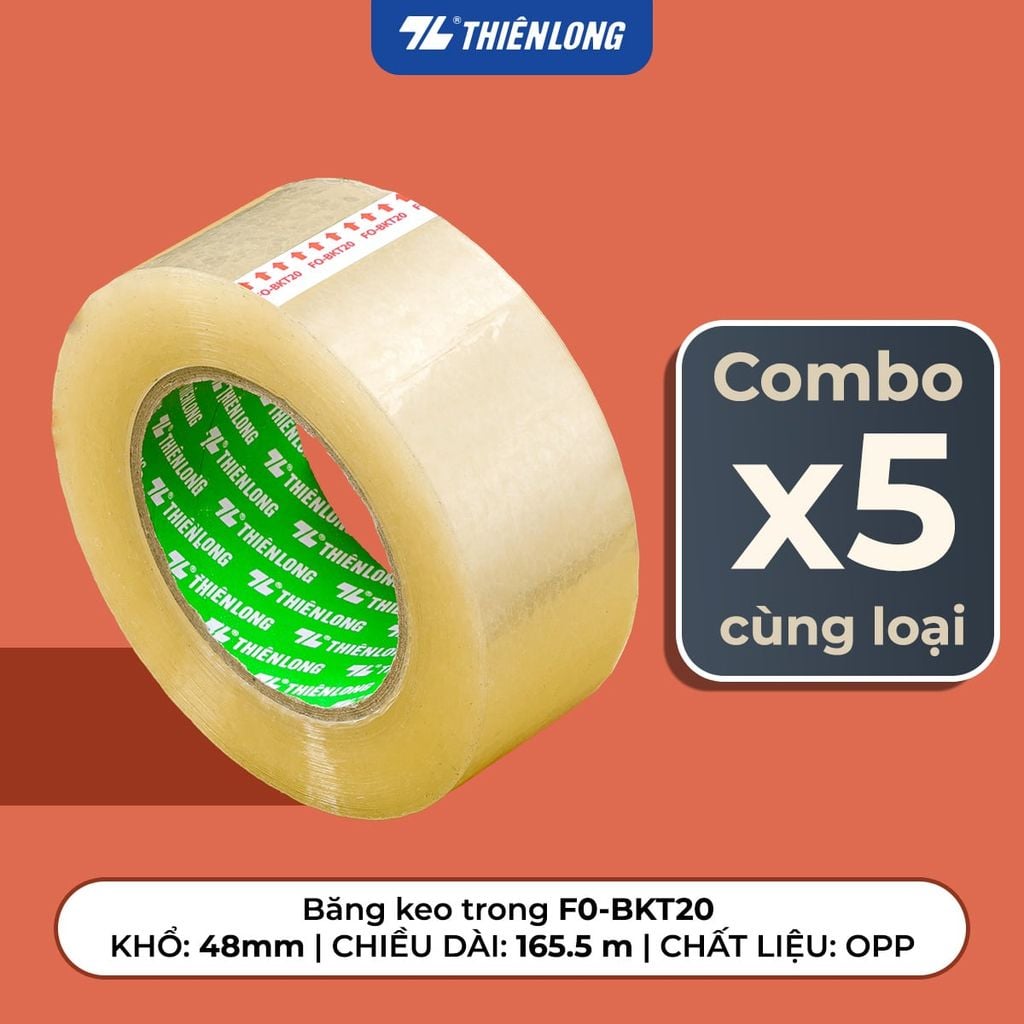 Combo 5 Băng keo trong Thiên Long Flexoffice 40-200 yards độ bám dính tốt, phù hợp cho nhiều nhu cầu đóng gói, văn phòng và gia đình