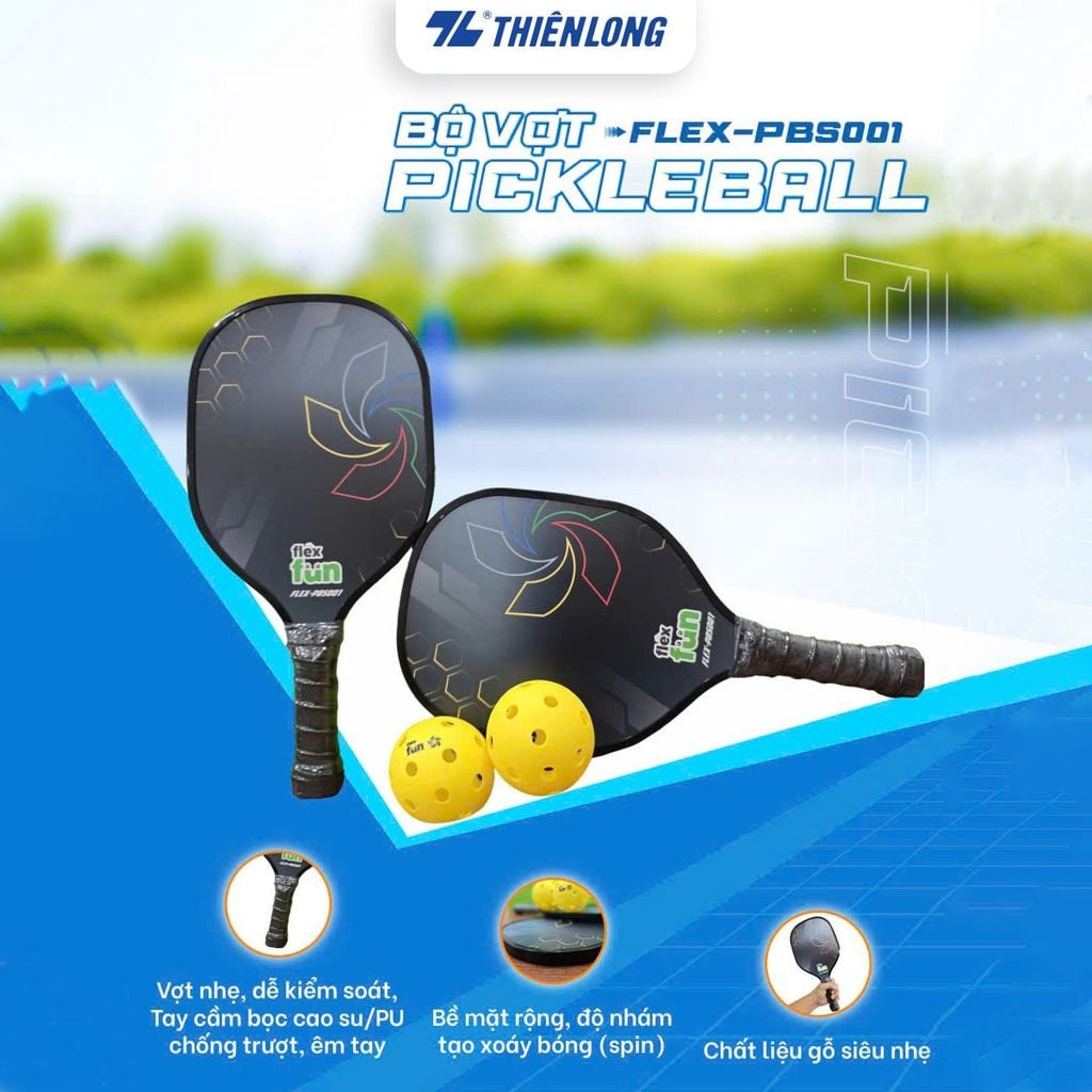 Vợt Pickleball gỗ Flex Fun FLEX-PBS001 - Chất liệu gỗ siêu nhẹ, bề mặt nhám tạo độ xoáy, dễ kiểm soát - Bộ 02 Cây 02 Bóng