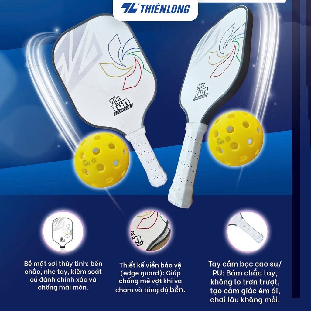Vợt Pickleball Flex Fun Fiber FLEX-PBS003 - Sợi thủy tinh bền chắc chống mài mòn - Bộ 02 Cây 02 Bóng