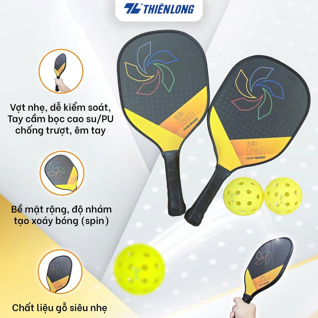 Vợt Pickleball gỗ Flex Fun FLEX-PBS005 - Chất liệu gỗ siêu nhẹ, bề mặt nhám tạo độ xoáy - Bộ 02 Cây 02 Bóng