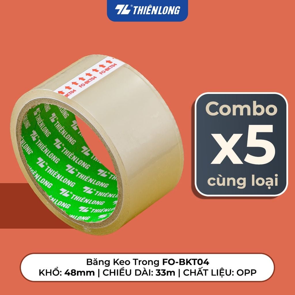 Combo 5 Băng keo trong Thiên Long Flexoffice 40-200 yards độ bám dính tốt, phù hợp cho nhiều nhu cầu đóng gói, văn phòng và gia đình