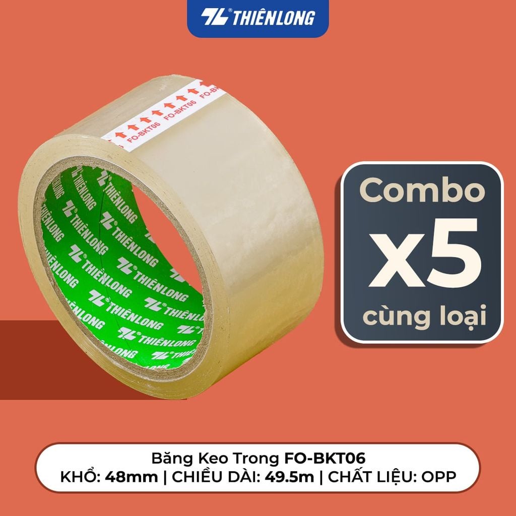 Combo 5 Băng keo trong Thiên Long Flexoffice 40-200 yards độ bám dính tốt, phù hợp cho nhiều nhu cầu đóng gói, văn phòng và gia đình