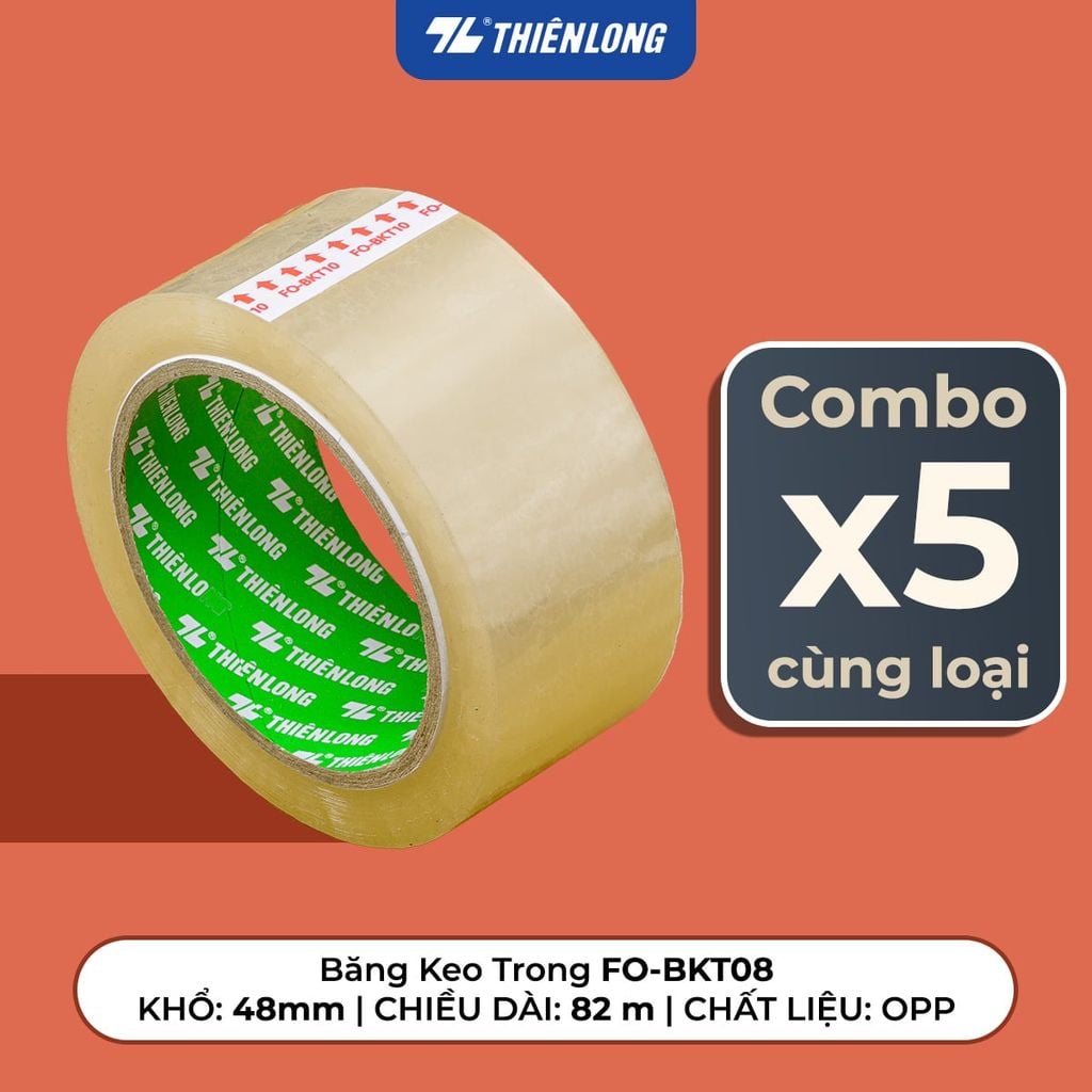 Combo 5 Băng keo trong Thiên Long Flexoffice 40-200 yards độ bám dính tốt, phù hợp cho nhiều nhu cầu đóng gói, văn phòng và gia đình