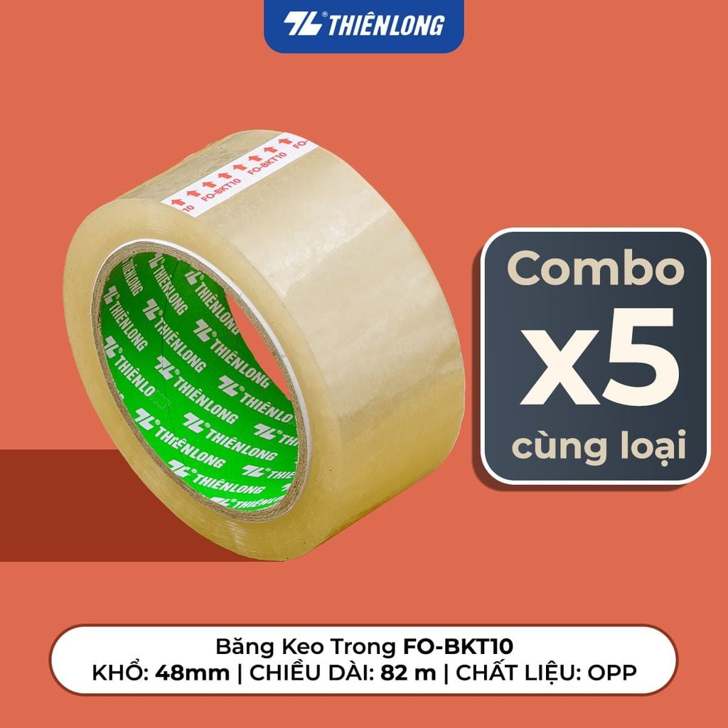 Combo 5 Băng keo trong Thiên Long Flexoffice 40-200 yards độ bám dính tốt, phù hợp cho nhiều nhu cầu đóng gói, văn phòng và gia đình