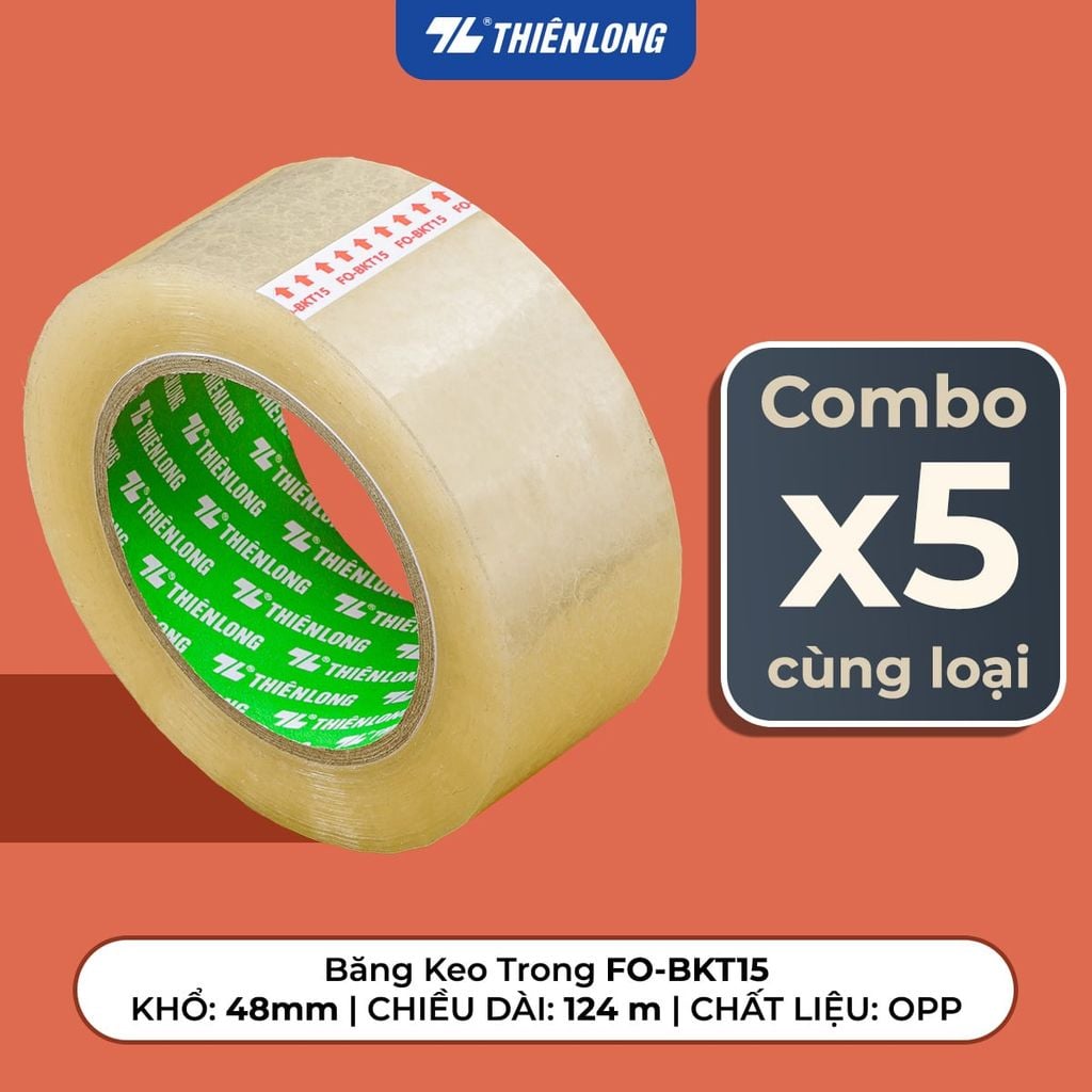 Combo 5 Băng keo trong Thiên Long Flexoffice 40-200 yards độ bám dính tốt, phù hợp cho nhiều nhu cầu đóng gói, văn phòng và gia đình