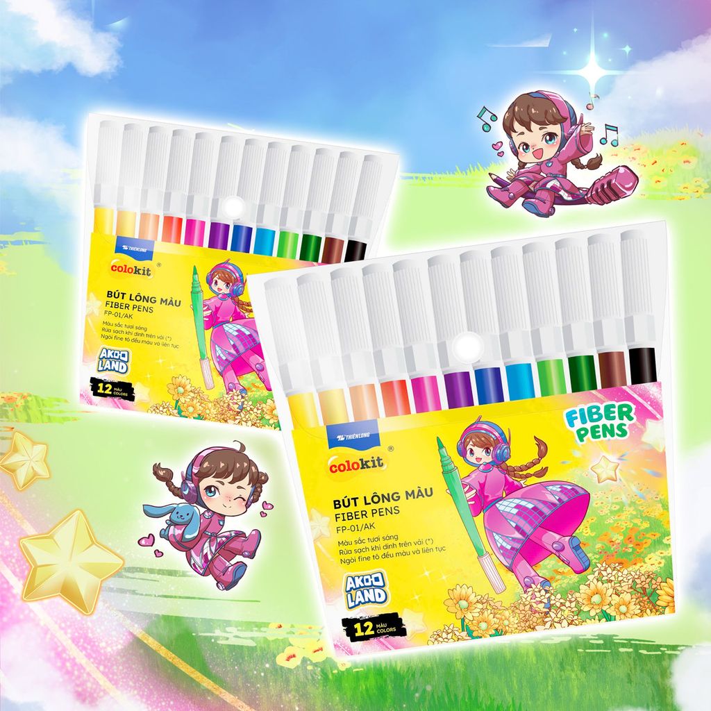 Bút lông 12 màu Fiber Pen Thiên Long Colokit FP-01/AK - Ngòi Fine tô đều màu và liên tục - Phiên bản Akooland