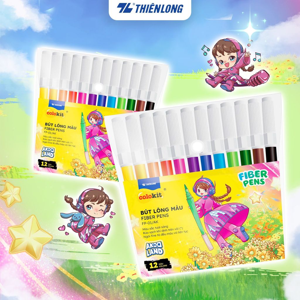 Bút lông 12 màu Fiber Pen Thiên Long Colokit FP-01/AK - Ngòi Fine tô đều màu và liên tục - Phiên bản Akooland
