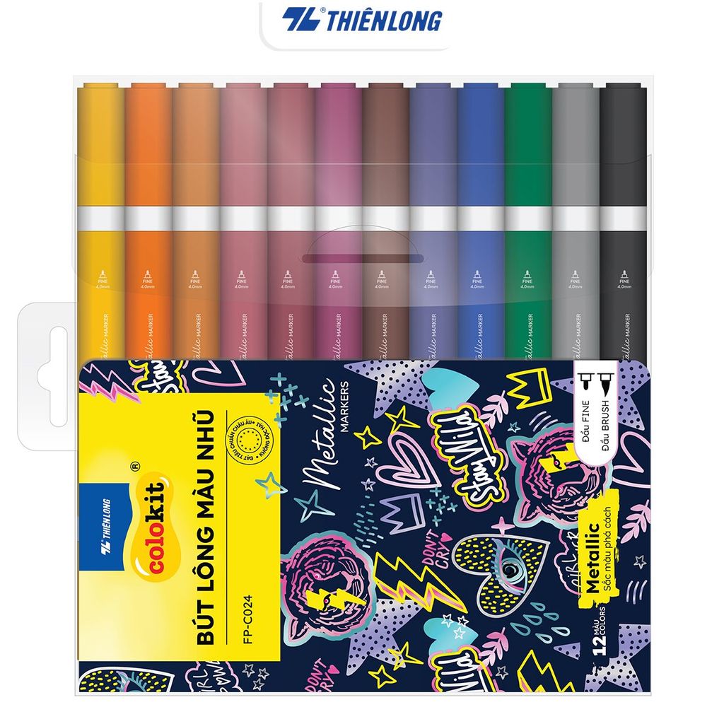Bút lông 6/12 màu nhũ Fiber Pen Metallic Thiên Long Colokit - Màu nhũ lấp lánh, vẽ được trên giấy đen