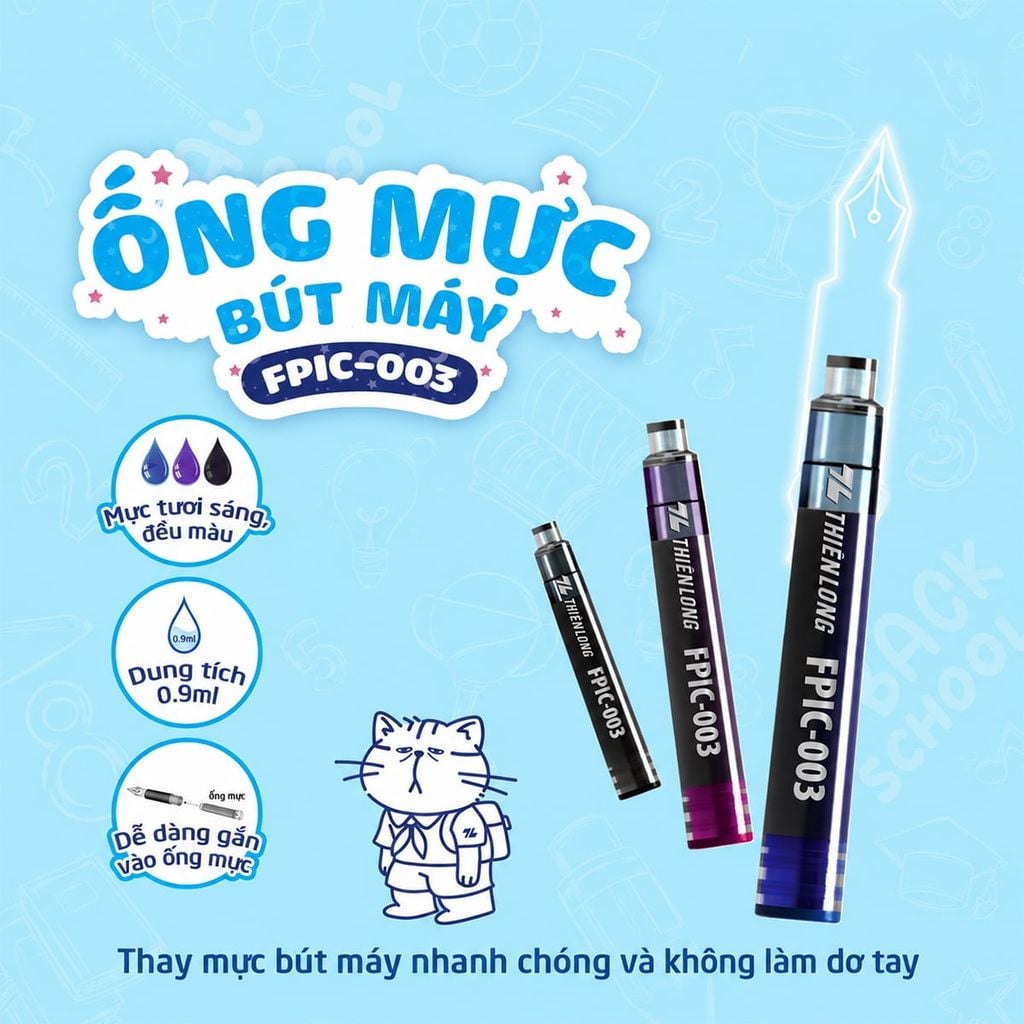 Combo 12 Ống mực bút máy Thiên Long FPIC-003 – Mực Tươi Sáng, Thay Thế Nhanh Chóng