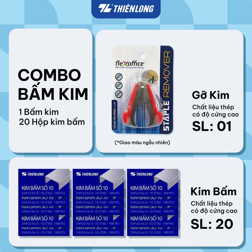 Combo bấm kim, kim bấm mini/số 3/số 10, gỡ kim Thiên Long