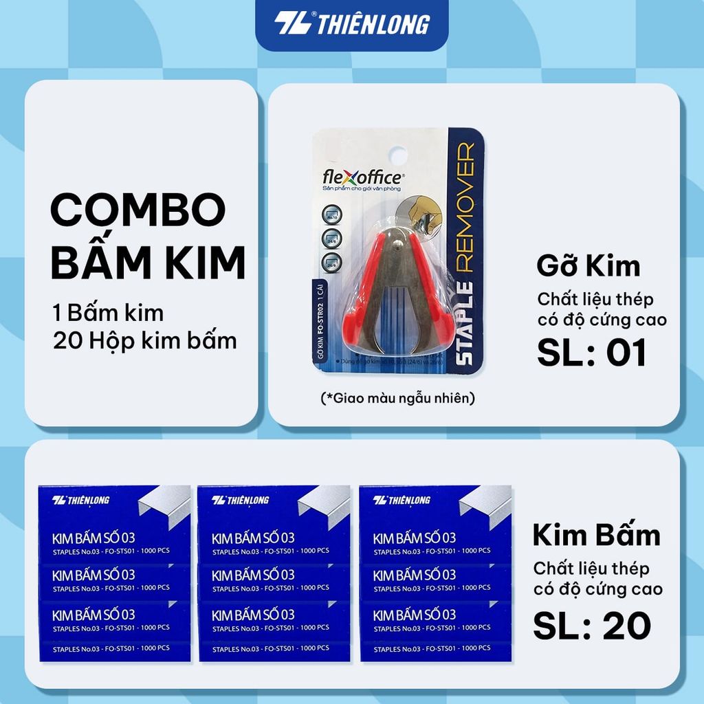 Combo bấm kim, kim bấm mini/số 3/số 10, gỡ kim Thiên Long