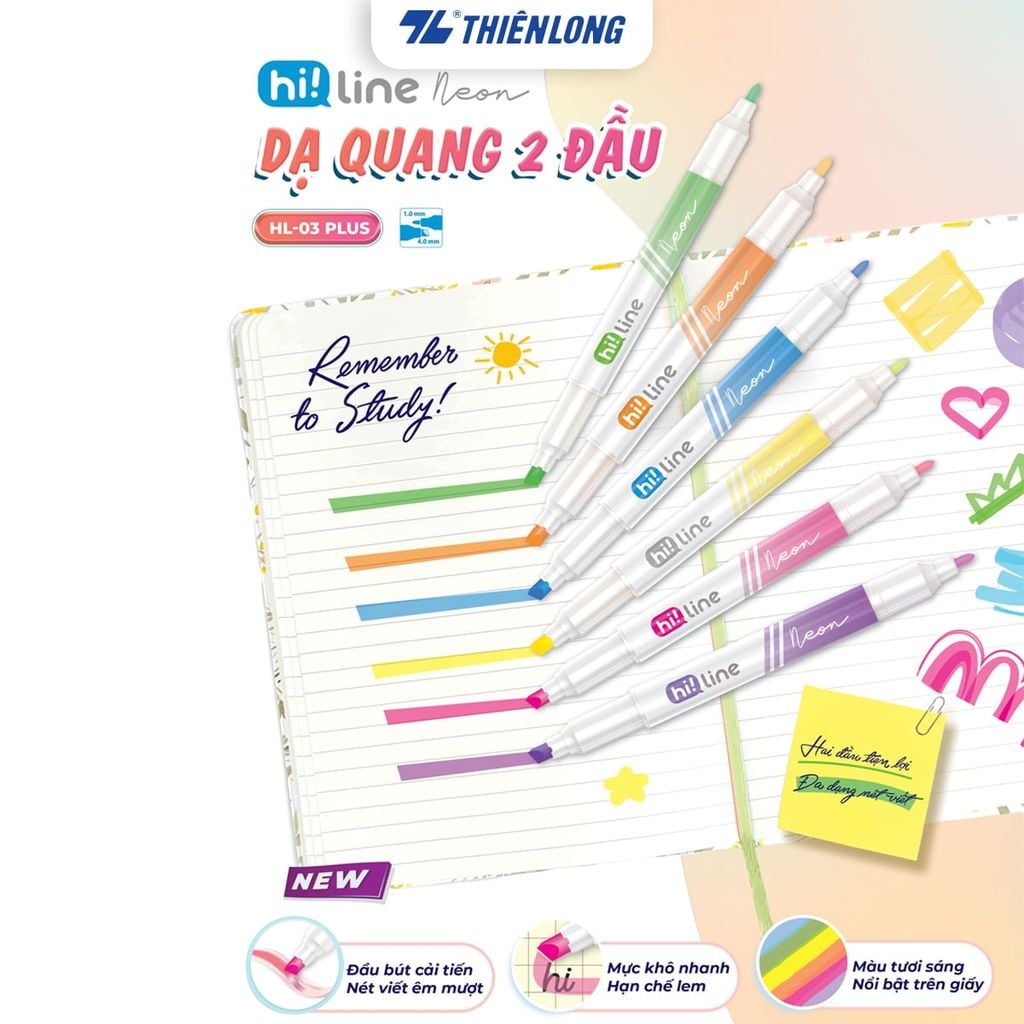Bút dạ quang Thiên Long HL-03 PLUS - 2 đầu bút siêu mềm, lướt giấy nhẹ êm