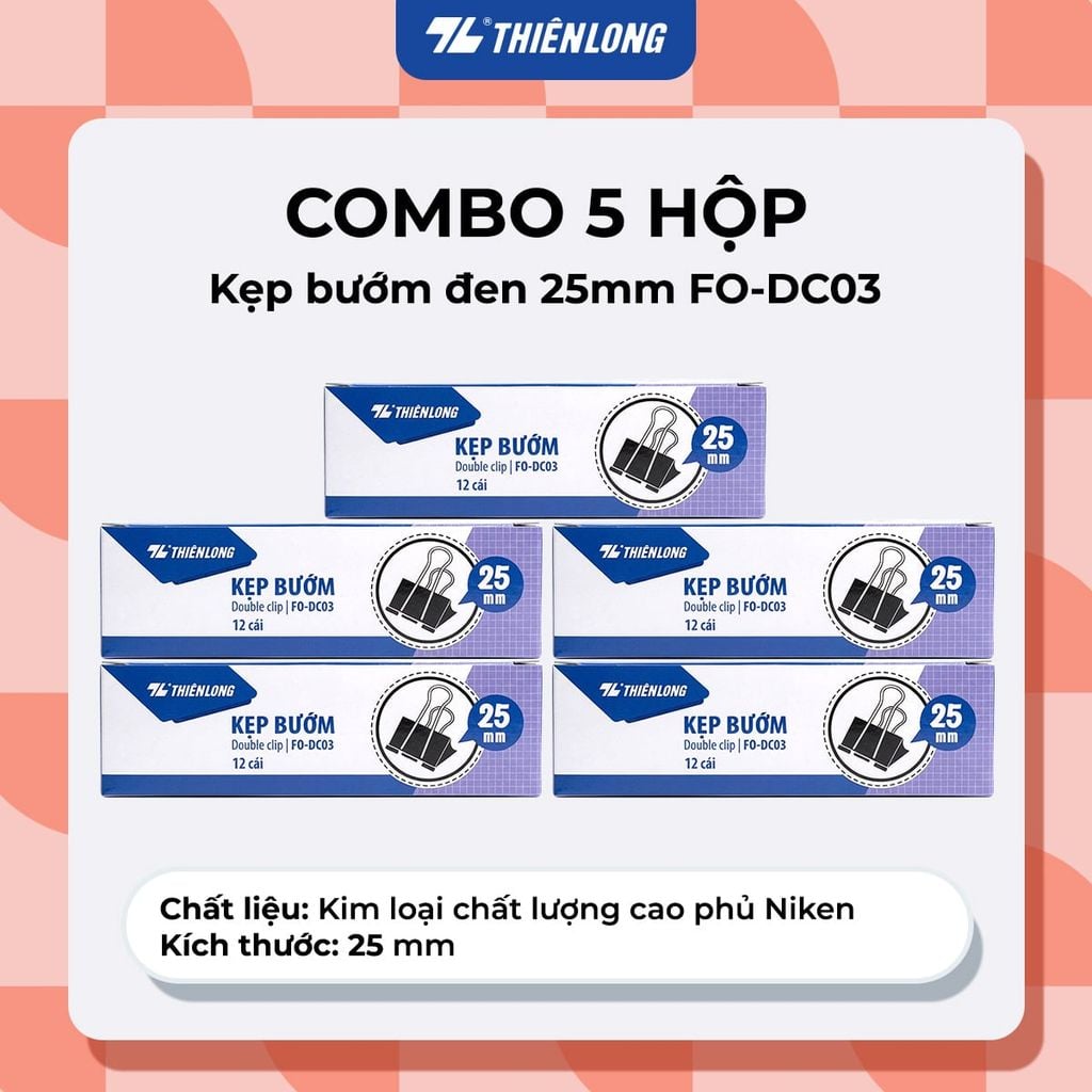 Combo kẹp bướm, kẹp giấy thiên long kích thước 15/19/25/32/41/51mm kim loại chống sét - giữ hồ sơ gọn gàng, phù hợp văn phòng, học sinh