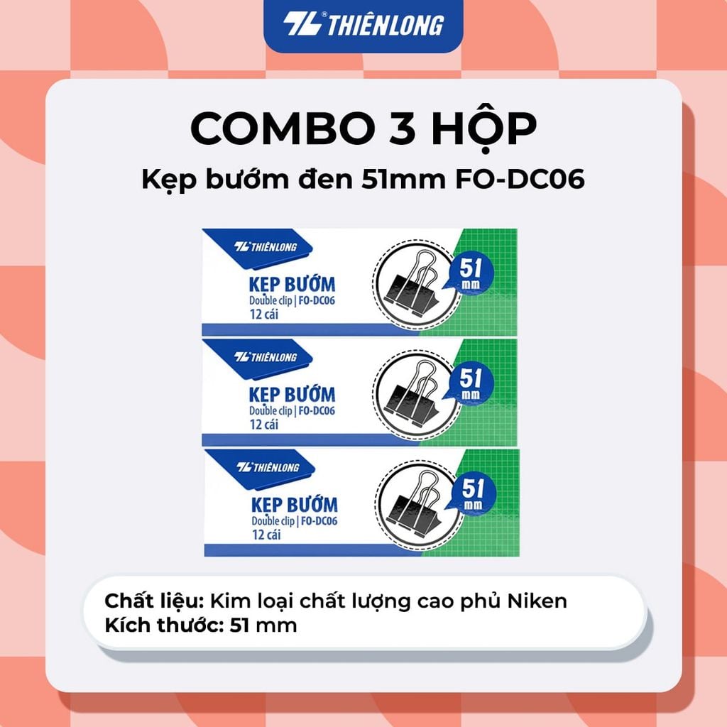 Combo kẹp bướm, kẹp giấy thiên long kích thước 15/19/25/32/41/51mm kim loại chống sét - giữ hồ sơ gọn gàng, phù hợp văn phòng, học sinh