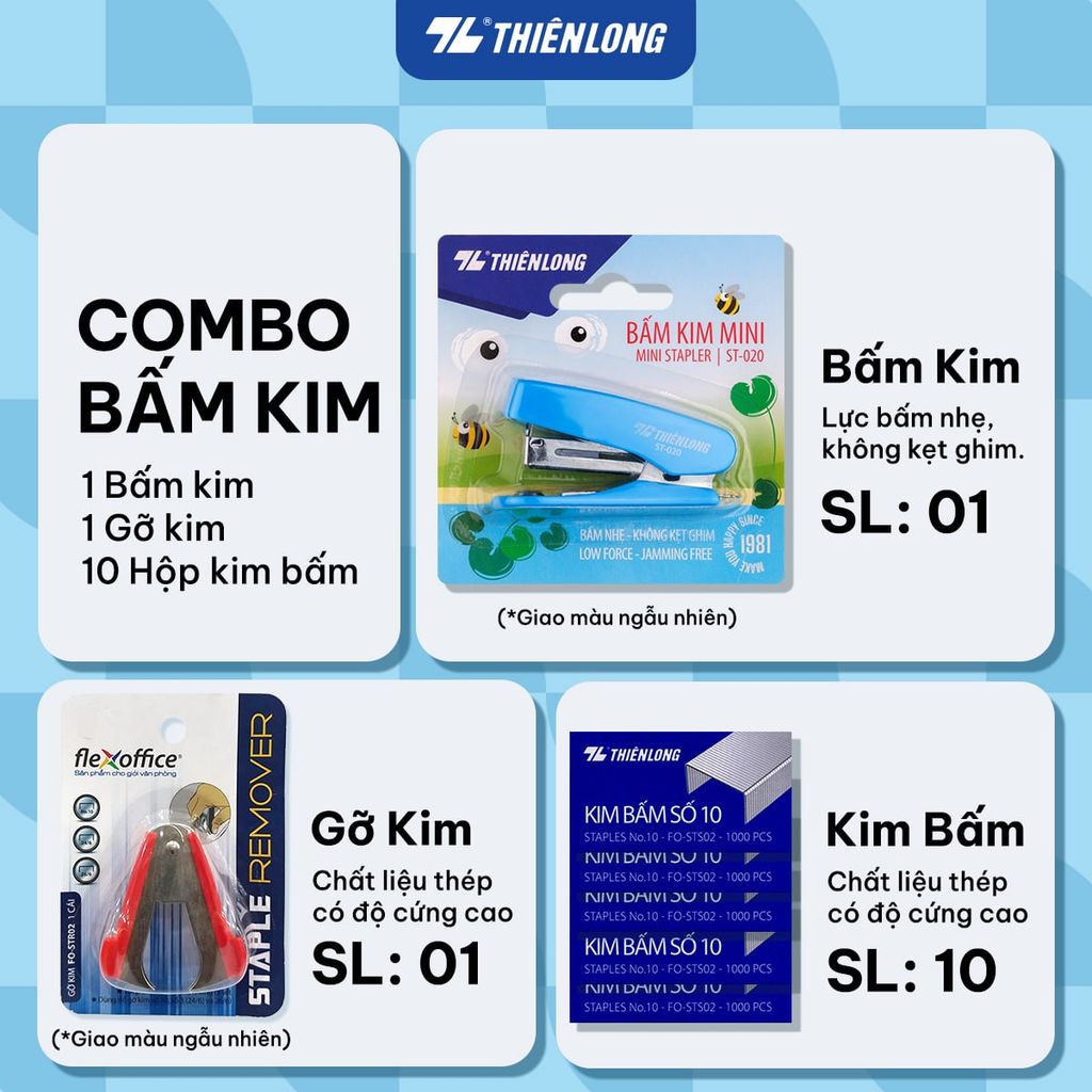 Combo bấm kim, kim bấm mini/số 3/số 10, gỡ kim Thiên Long
