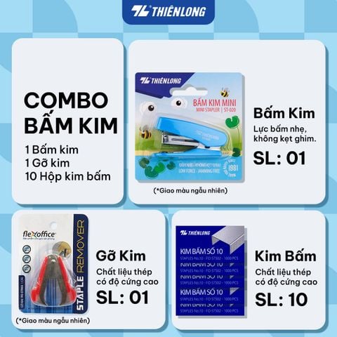 Combo bấm kim, kim bấm mini/số 3/số 10, gỡ kim Thiên Long