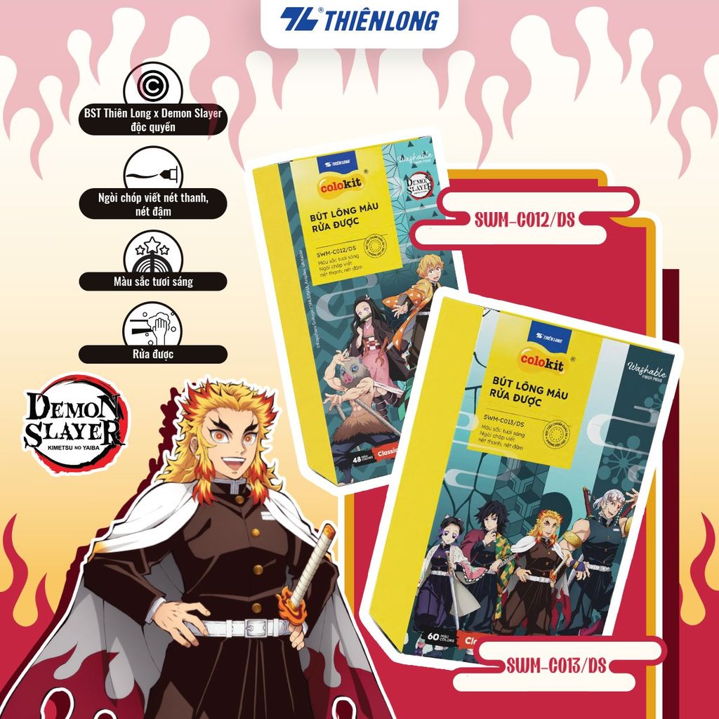 Bút Lông Thiên Long 48/60 Màu Fiber Pen Washable - Phiên bản Demon Slayer