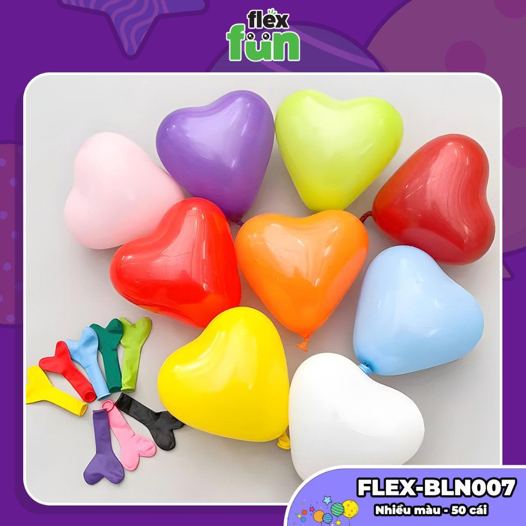 Set 10/50/100 Bóng bay trang trí sinh nhật, lớp học, phòng cưới Flex Fun - Bong bóng tròn, giun dài, trái tim nhiều màu